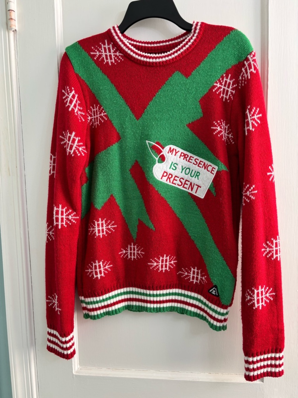 American Stitch Red and Green Holiday Sweater - "My Presence Is Your Present"